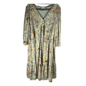 Siren Lily Sage Green Midi Flower Print Dress Cottagecore Sz 2X  3/4 Sleeve V